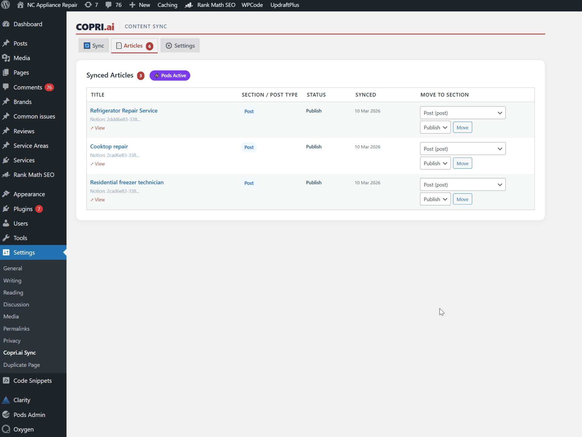 Copri WordPress plugin — synced articles view